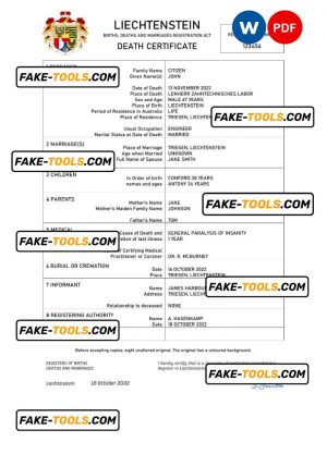 Liechtenstein vital record death certificate Word and PDF template