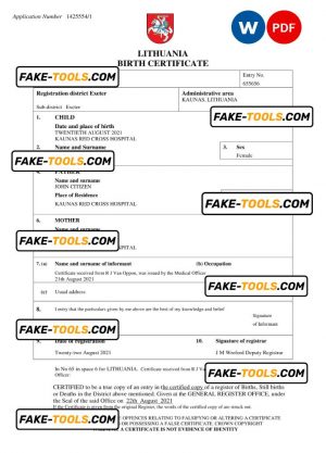 Lithuania birth certificate Word and PDF template, completely editable