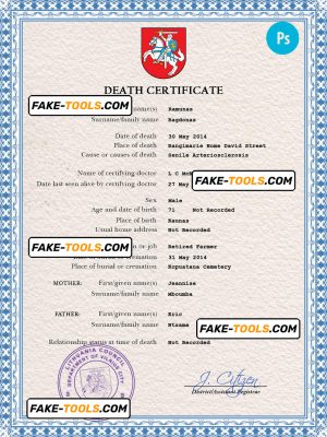Lithuania death certificate PSD template, completely editable