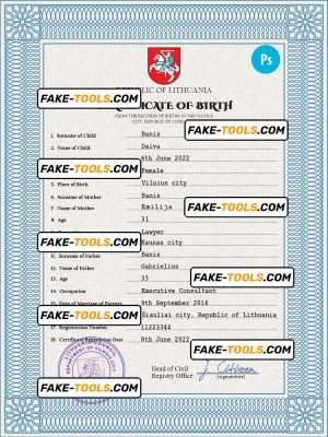 Lithuania vital record birth certificate PSD template