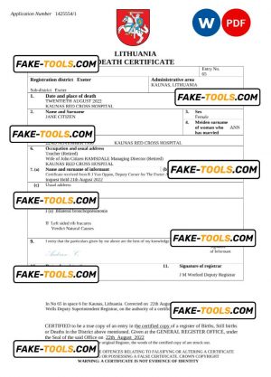 Lithuania vital record death certificate Word and PDF template