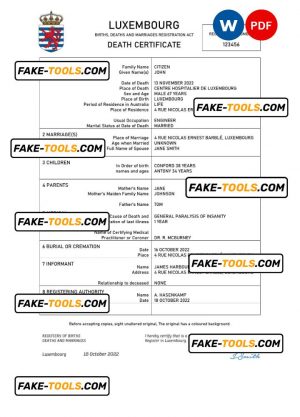 Luxembourg death certificate Word and PDF template, completely editable