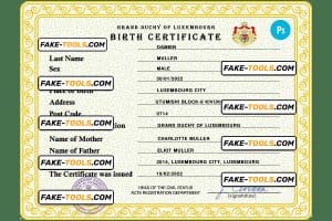 Luxembourg vital record birth certificate PSD template