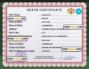 Luxembourg vital record death certificate PSD template