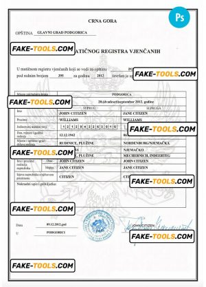 MONTENEGRO (Crna Gora) marriage certificate PSD template, fully editable