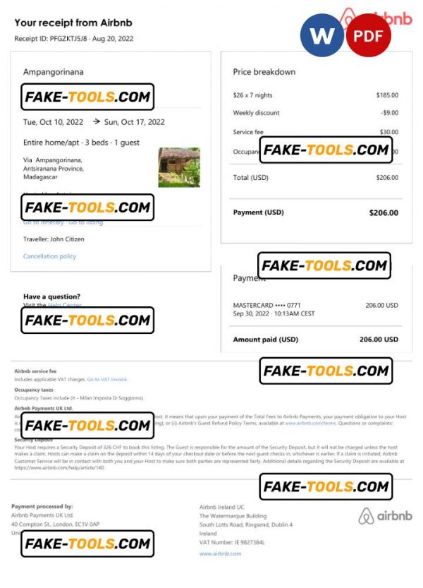 Madagascar Airbnb booking confirmation Word and PDF template