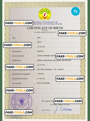 Madagascar birth certificate PSD template, completely editable