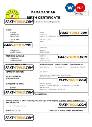 Madagascar vital record birth certificate Word and PDF template, completely editable