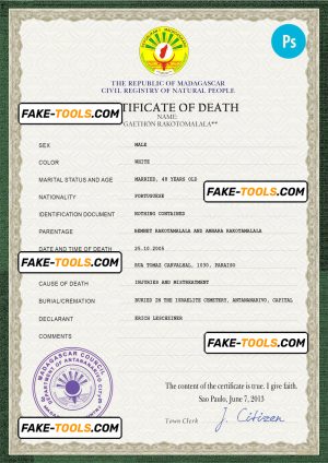 Madagascar vital record death certificate PSD template, fully editable
