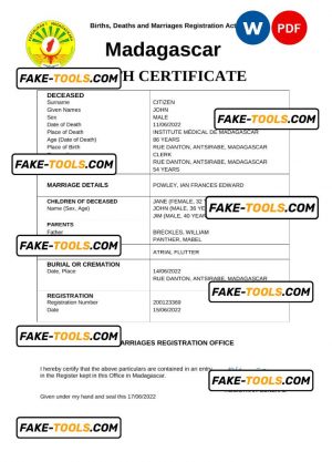 Madagascar vital record death certificate Word and PDF template