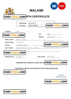 Malawi birth certificate Word and PDF template, completely editable