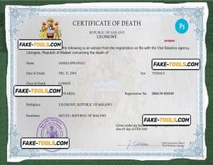 Malawi death certificate PSD template, completely editable