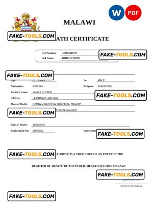 Malawi vital record death certificate Word and PDF template