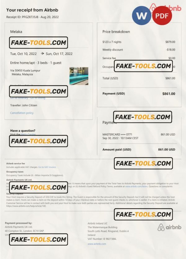 Malaysia Airbnb booking confirmation Word and PDF template scan effect