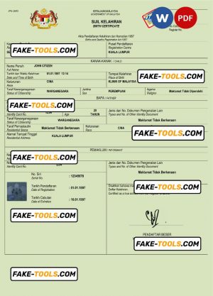 Malaysia birth certificate Word and PDF template, completely editable