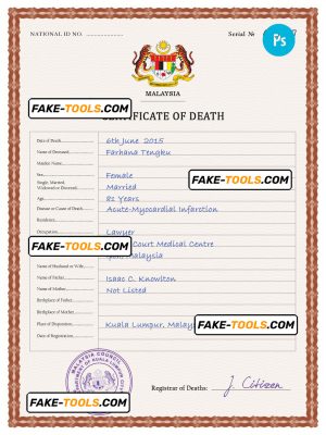 Malaysia death certificate PSD template, completely editable