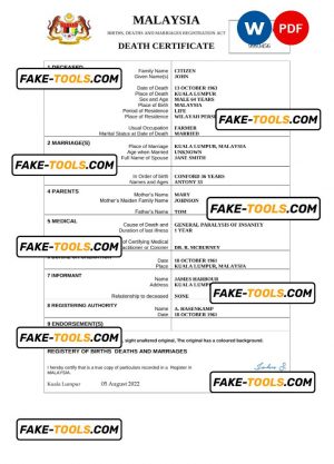 Malaysia death certificate Word and PDF template, completely editable