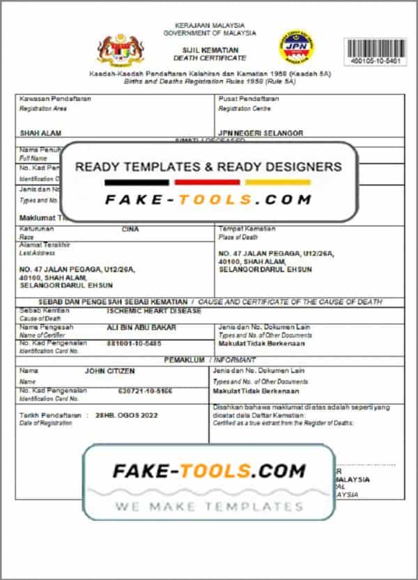 Malaysia death certificate template in Word and PDF format
