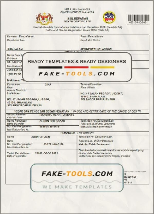 Malaysia death certificate template in Word and PDF format