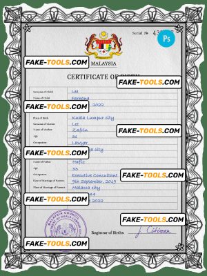 Malaysia vital record birth certificate PSD template, fully editable