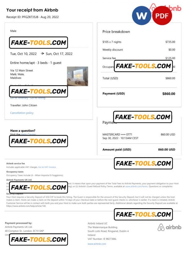 Maldives Airbnb booking confirmation Word and PDF template