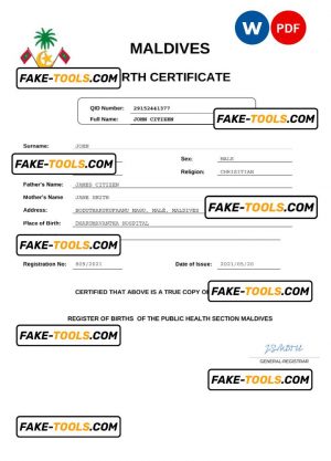 Maldives birth certificate Word and PDF template, completely editable