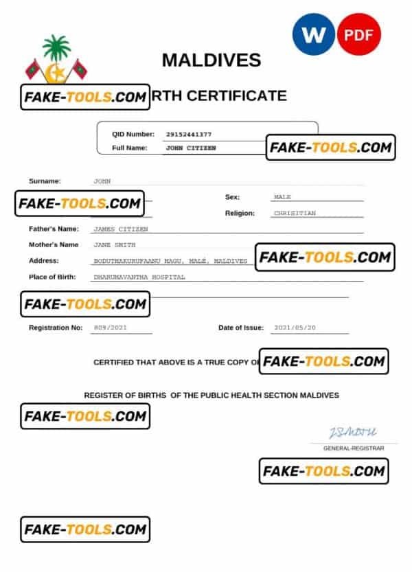 Maldives birth certificate Word and PDF template, completely editable