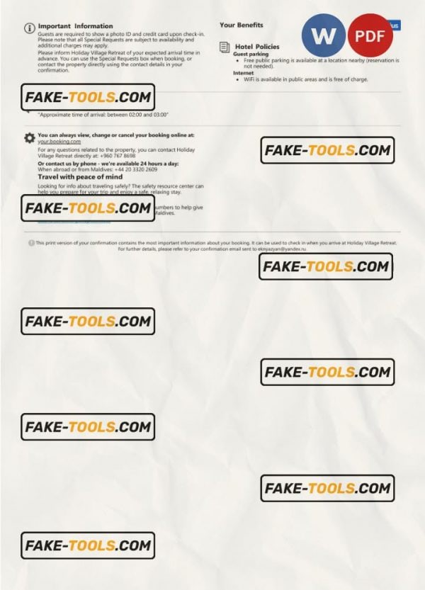 Maldives hotel booking confirmation Word and PDF template, 2 pages