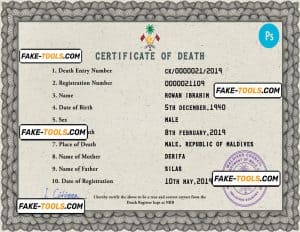 Maldives vital record death certificate PSD template, completely editable