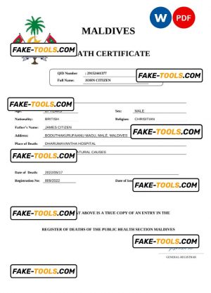 Maldives vital record death certificate Word and PDF template