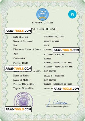 Mali death certificate PSD template, completely editable