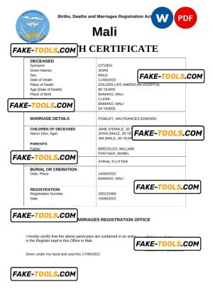 Mali vital record death certificate Word and PDF template