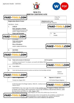 Malta birth certificate Word and PDF template, completely editable