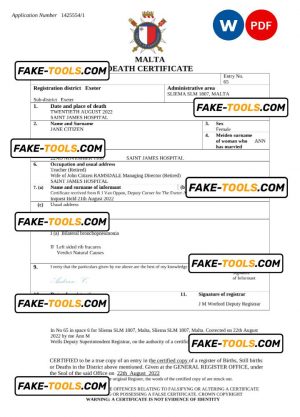Malta death certificate Word and PDF template, completely editable