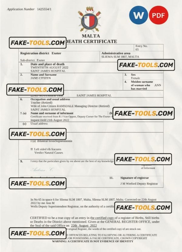 Malta death certificate Word and PDF template, completely editable