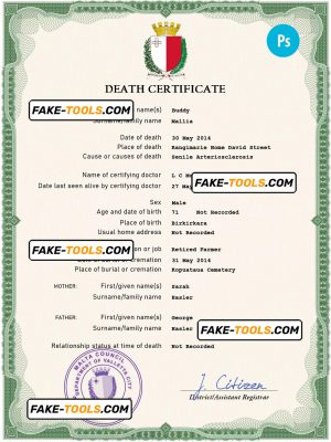 Malta vital record death certificate PSD template