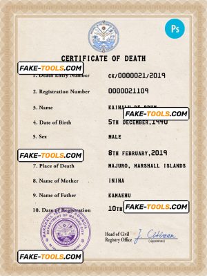 Marshall Islands death certificate PSD template, completely editable