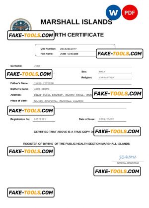 Marshall Islands vital record birth certificate Word and PDF template, completely editable