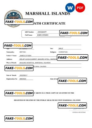 Marshall Islands vital record death certificate Word and PDF template