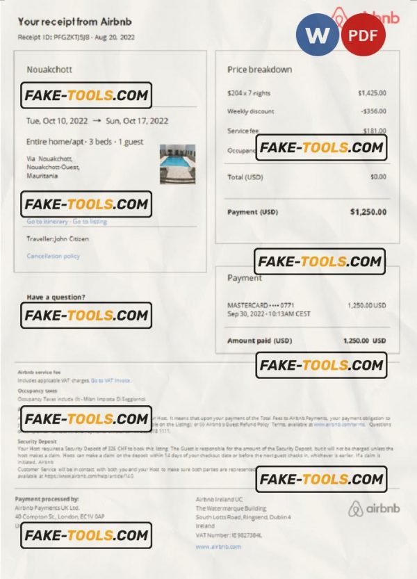 Mauritania Airbnb booking confirmation Word and PDF template scan effect