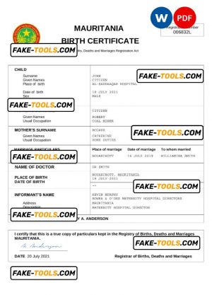 Mauritania birth certificate Word and PDF template, completely editable