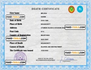 Mauritania vital record death certificate PSD template, fully editable