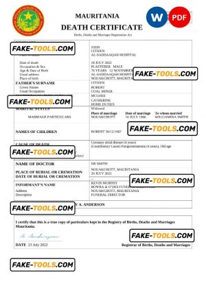 Mauritania vital record death certificate Word and PDF template