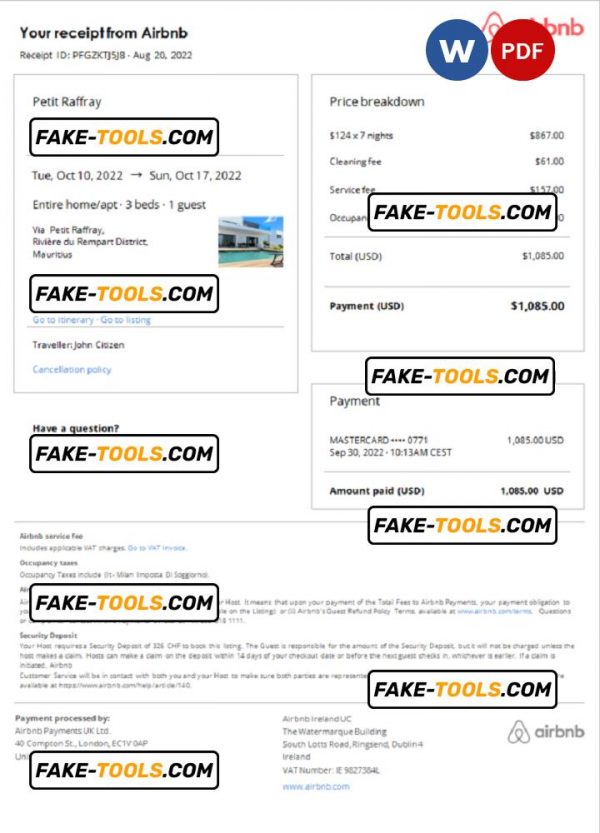 Mauritius Airbnb booking confirmation Word and PDF template