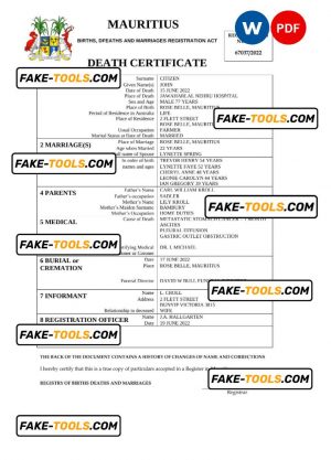 Mauritius death certificate Word and PDF template, completely editable