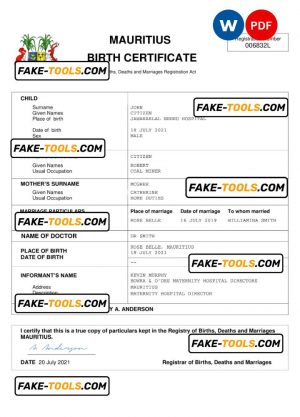 Mauritius vital record birth certificate Word and PDF template, completely editable