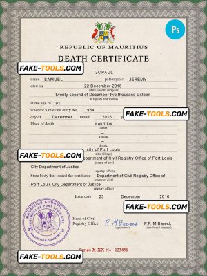 Mauritius vital record death certificate PSD template
