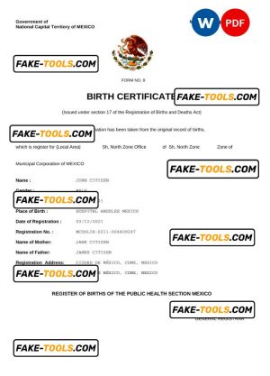 Mexico birth certificate Word and PDF template, fully editable