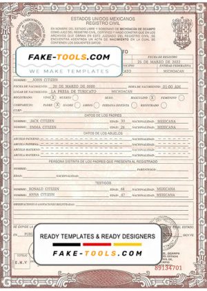 Mexico birth certificate template in PSD format, fully editable