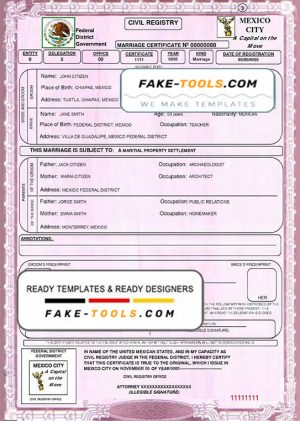 Mexico marriage certificate template in PSD format, fully editable